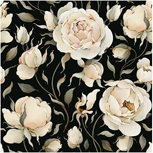 HAOKHOME Black Floral Peel and Stick Wallpaper Vintage Roses Peonies Removable Wall Paper Contact Paper for Kitchen Bathroom Black/Beige/Olive 17.7in x 9.8ft