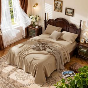 LBRO2M 100% Cotton Sheets Set Deep Pocket 19", 1000 Thread Count King Size 4 Piece Bed Sheet Sets Soft Comfortable Bedding All Season (King, Cream)