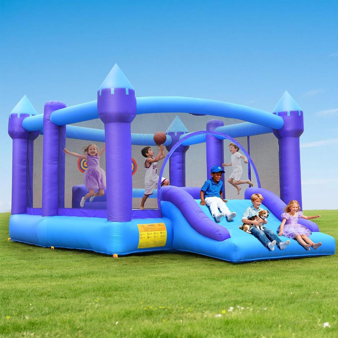 Hapfan Inflatable Bounce House for Big Kids, 15ft x 12ft Large Outdoor Bouncy Castle with Wider Slide & Basketball Hoop, Great for Birthday Party, Blower Included, Holds 6 Kids 600lbs (Purple), 15.3' D * 12 W * 7.9' H