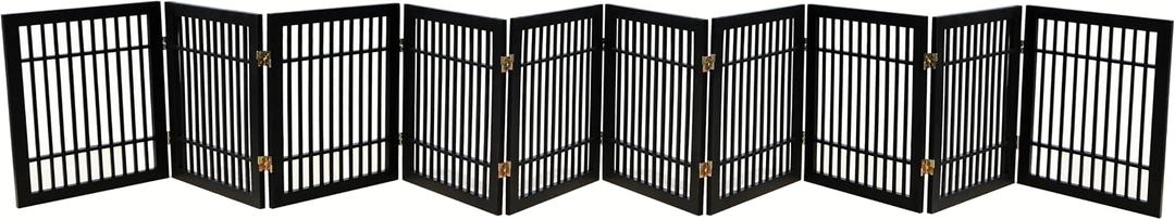 Urnporium Pet Dog Gate Freestanding, Strong Durable Folding Wooden Fence, Portable Acacia Hardwood Safety Barrier for Indoor & Outdoor Use (Black Pet Gate, 10 Panel 24" Tall)