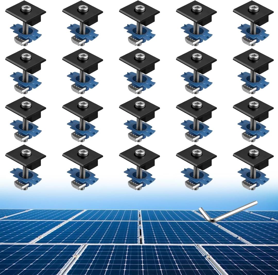 Anbte 20pcs Solar Panels Mid Clamps for Unistrut, Aluminum 30mm/35mm Solar Panel Brackets, Mounting Kit for Metal Roof, Tin Roof, Flat Roof, Sheet Roof, RV, Black