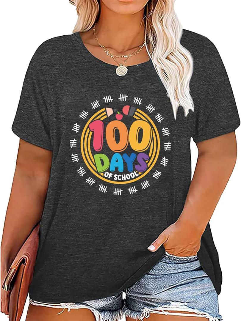 100 Days of School Shirt : Women 100th Day of School Shirt Plus Size Teacher Shirts School Celebration Gifts Pullover Tops (4X-Large, Grey 2)