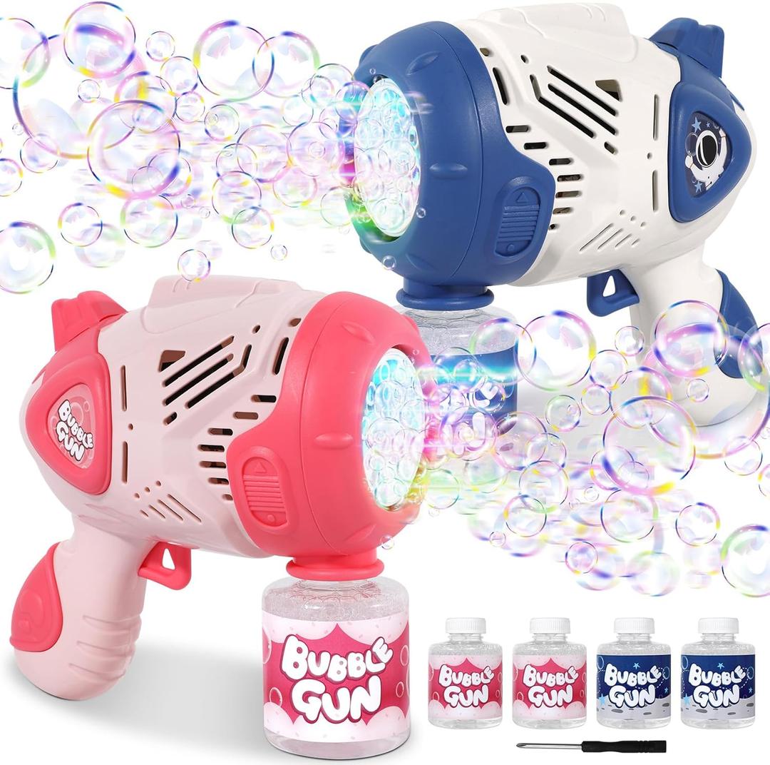 Roberly 2 Pack Bubble Gun, 20 Holes Bubble Machine Blaster with 4 Bottles Refill Solution LED Light, Summer Outdoor Toy Wedding Birthday Party Favor Gifts Basket Stuffers