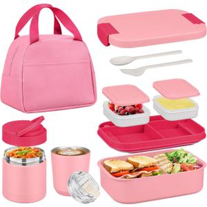 Bento Lunch Box Set with 10.5oz Soup Thermo Food Jar for Adults Kids, Stainless Steel Leak-proof Lunch Container with 4 Compartment, Coffee Tumbler with Lunch Bag for School Travel Office-Pink