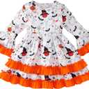 Halloween Little Girl Dress Pumpkin/Bat Outfit Flared Sleeve Ruffled Dresses 3-8T (White)