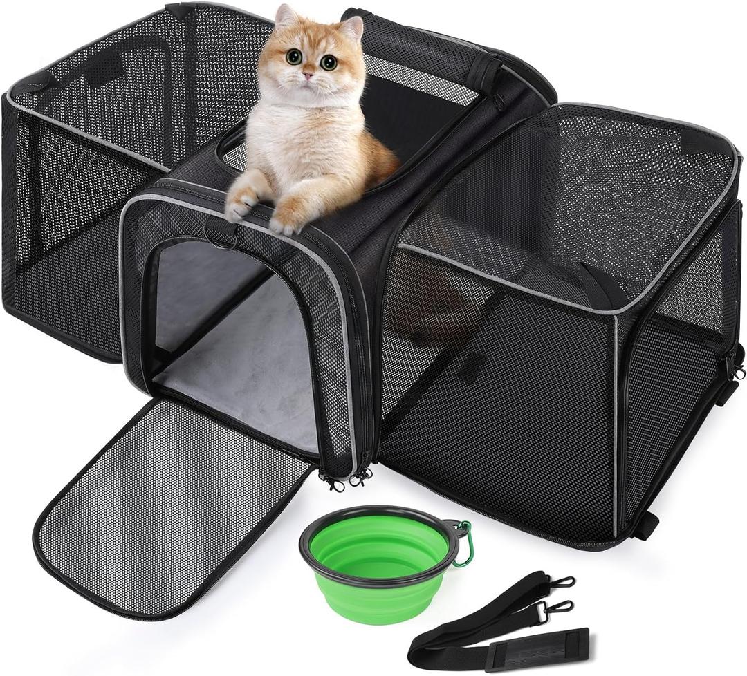 Pecute Cat Carrier Expandable, Extra Large Pet Carrier Bag, Foldable Cat Carrier Bag with Breathable Mesh, Pet Carrier Transport Bag for Dogs and Cats, with Shoulder Strap and Pet Bowl