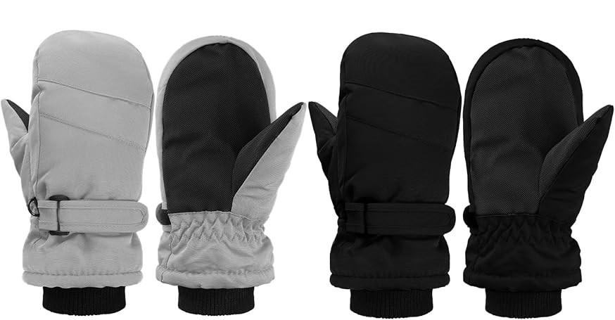 Geyoga 2 Pairs Kids Ski Gloves Waterproof Warm Snow Mittens Winter Warm Gloves for Outdoor Activities(3-5 Years,Black, Gray, Army Green, Royal Blue)