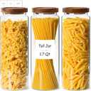 ComSaf 3Pcs (1.7Qt) Airtight Glass Pasta Storage Containers with Acacia Wood Lids, Tall Pantry Storage Container for Organizing Spaghetti and Pasta, Thick Glass Spaghetti Container with Pasta Labels