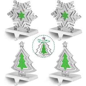 Christmas Stocking Holders for Mantle Set of 4 Snowflake Christmas Tree Stocking Hangers for Mantel Silver Weighted Metal Stocking Hook Stand with Non Slip Base for Fireplace Christmas Decoration