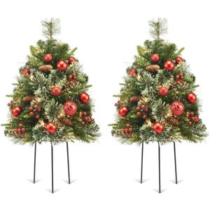 2 Pack Outdoor Christmas Tree Urn Filler Small, 30 Inch Pre-lit Artificial Xmas Tree w/ 50 LED Lights and Realistic Carolina Pine for Pathway, Porch, Driveway, Yard (Red)