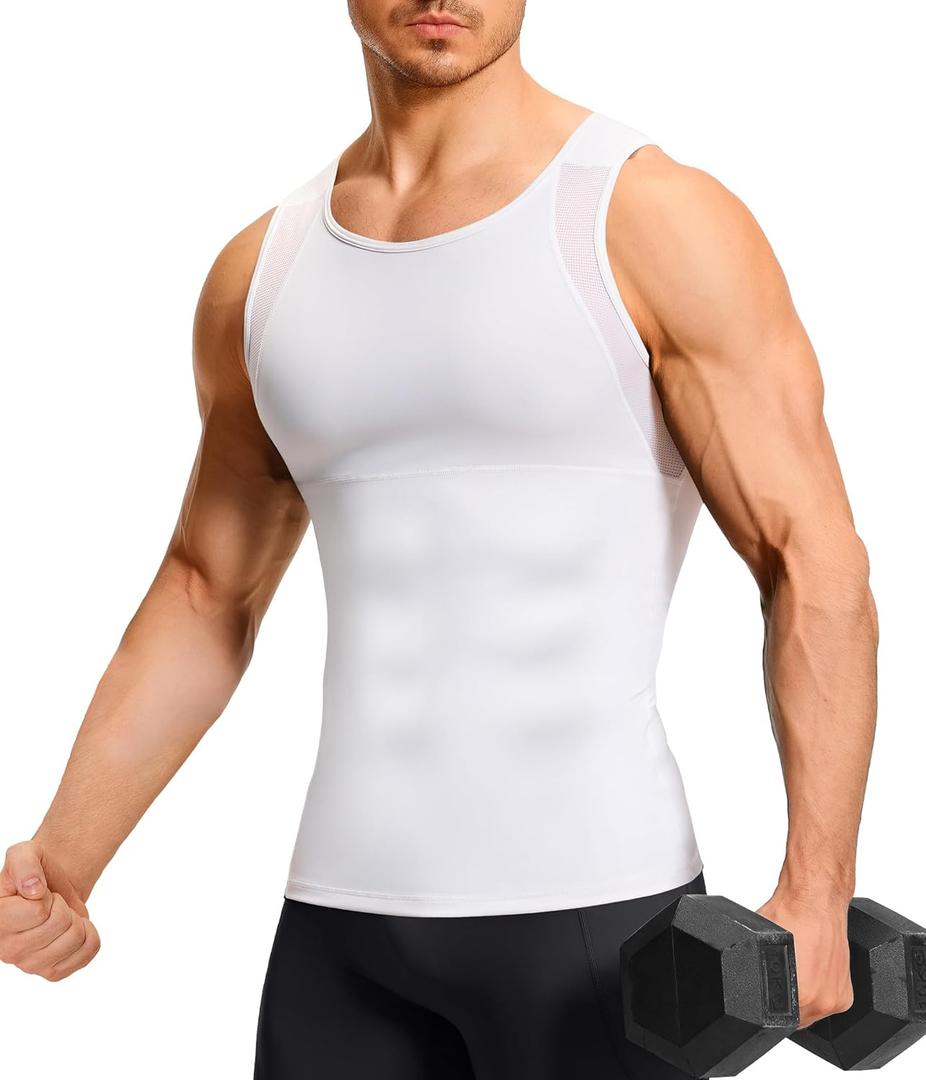 TAILONG Men's Compression Shirt Tank Top Undershirt Shapewear Slimming Body Shaper Vest Mesh Workout Shirts (Large, White)