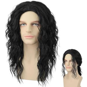 Long Black Curly Wig for Men Women 70s 80s Rock Retro Middle Part Wig for Cosplay Costume Halloween Party Daily Use