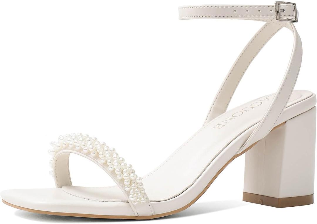 LACUONE Strappy Heels for women Block Chunky Heels Ankle Buckle Square Toe Heeled Sandals (9.5,Pearl White)