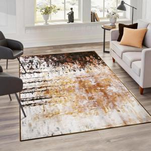 FlyDOIT Washable Area Rug for Living Room, 4x6 Modern Abstract Soft Non Slip Thin Throw Rugs, Print Pattern, Indoor Floor Carpet for Kitchen Office Dorm Bedroom Brown Black Cream Beige White