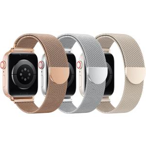 BELONGME 3 Pack Mesh Loop Compatible with Apple Watch Bands for Women Men 40mm 41mm 38mm 42mm 44mm 45mm 49mm 46mm Series 11 10 9 8 7 6 5 4 Ultra3 SE3 2, Stainless Steel Metal Magnetic Strap for iWatch (Champagne Gold+Silver+Starlight)