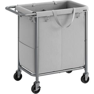 SONGMICS Laundry Basket with Wheels, 2-Section Rolling Laundry Hamper, 37 Gallons (140L), Removable Liner, Steel Frame with Handle, Blanket Storage, 27.2 x 15.4 x 31.9 Inches, Dove Grey URLS004G01 (140 L)