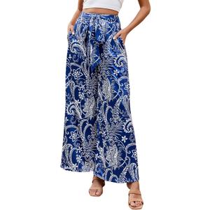 ZAFUL Women's Casual Wide Leg Elastic Waist Drawstring High Waisted Floral Print Palazzo Pant (Blue, S)