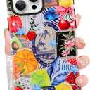 Compatible with iPhone 16 Pro Case Cute Aesthetic for Women Girls, Classic Retro Western Fruit Stamp Seashell Costal Collage Phone Case [Compatible with Magsafe] Shockproof Cover