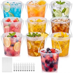 Willinglong 10 Set 32oz Clear Plastic Drink Buckets Rum Buckets for Drink with Straws, Lids and Beverage Syringes Reusable Iced Coffee Cups for Rum Wine Beer Cocktail Beverage Lemonades