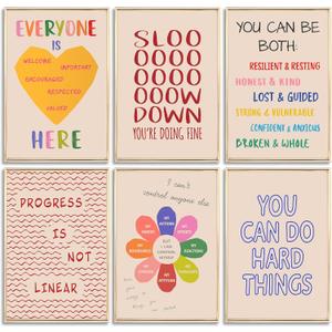 6Pcs Mental Health Wall Art Therapy Office Wall Decor Classroom Poster Motivational Inspirational Quotes Pictures Boho Painting Positive Artwork Canvas Prints for Home Counseling Office Decor Framed