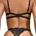 Lilosy Sexy Eyelash Underwire Floral Lace Sheer O Ring Linked Cutout Lingerie Set 2 Piece (Black)