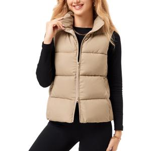 Fuinloth Women's Lightweight Puffer Vest, Water Repellent, 4 Pockets, Double Slider Zipper, Elastic Hem for Fall & Winter (Beige, M)