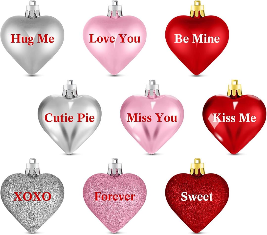 Geosar 30 Pack Conversation Heart Ornaments Valentines Day Decorations, Glitter Matte Heart Shaped Hanging Baubles for Christmas Tree Wedding Home Decor (Red,Silver,Pink)