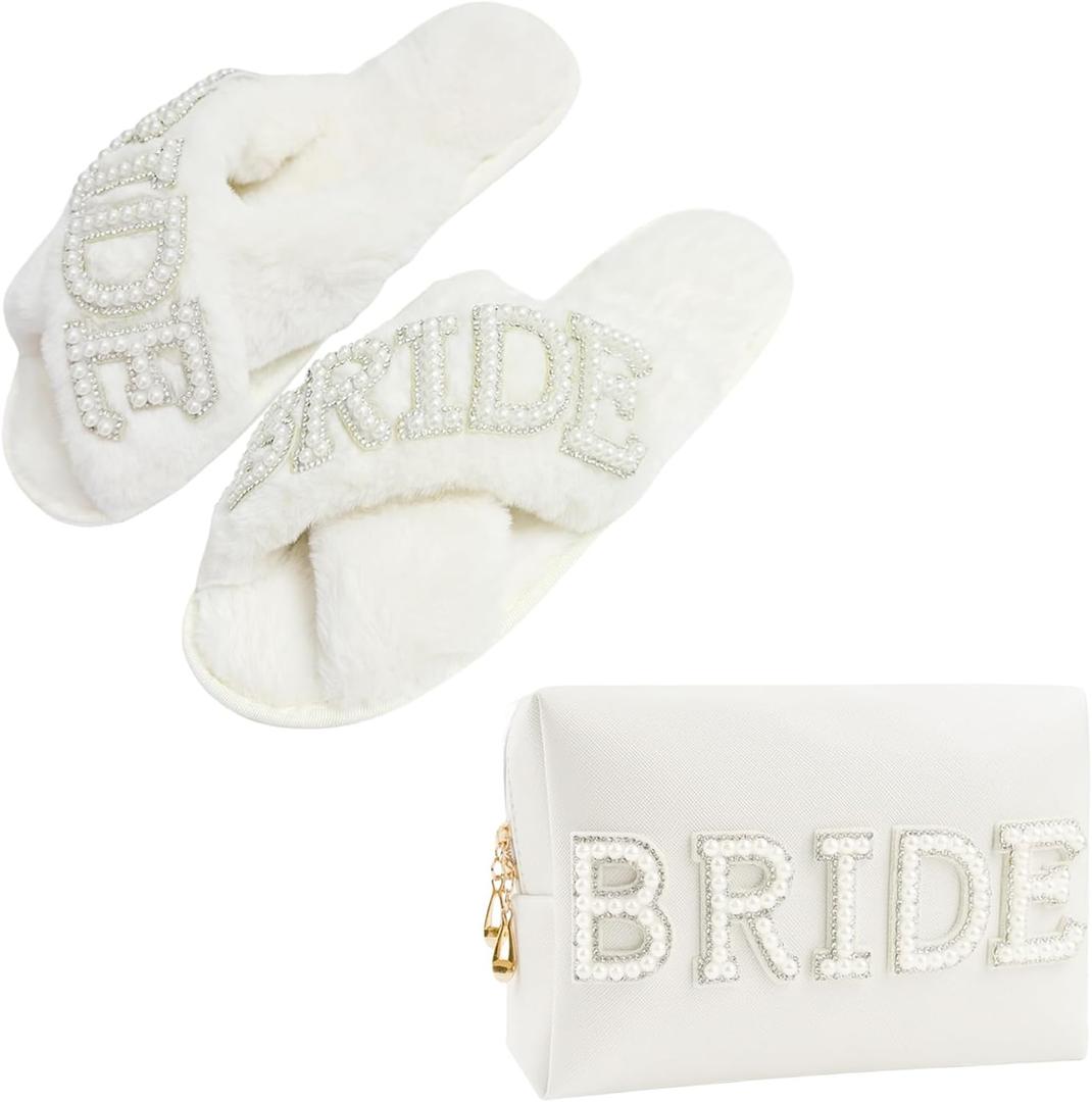 Kovewon Bridal Shower Gifts, Bride to Be Letter Makeup Bag with Pearl Rhinestone Fuzzy Bride Slippers Wedding Engagement Gifts for Her, Bachelorette gifts, 7-8 Slippers