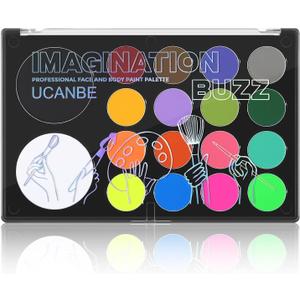 UCANBE Face Body Paint 18 Colors, Water Based Face Painting Kit with Large White Black & Neon Glow UV Facepaint SFX Makeup Palette for Halloween Party Costume Cosplay & Stage Make Up (Imagination Buzz Palette)
