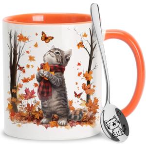 Hyturtle Fall Cat Maple Leaves Coffee Mug with Spoon, Birthday Gifts For Cat Lovers, Fall Autumn Decor Gifts For Farmhouse Thanksgiving, Cute Autumn Mug, 11oz Two Tone White Ceramic Coffee Tea Cup