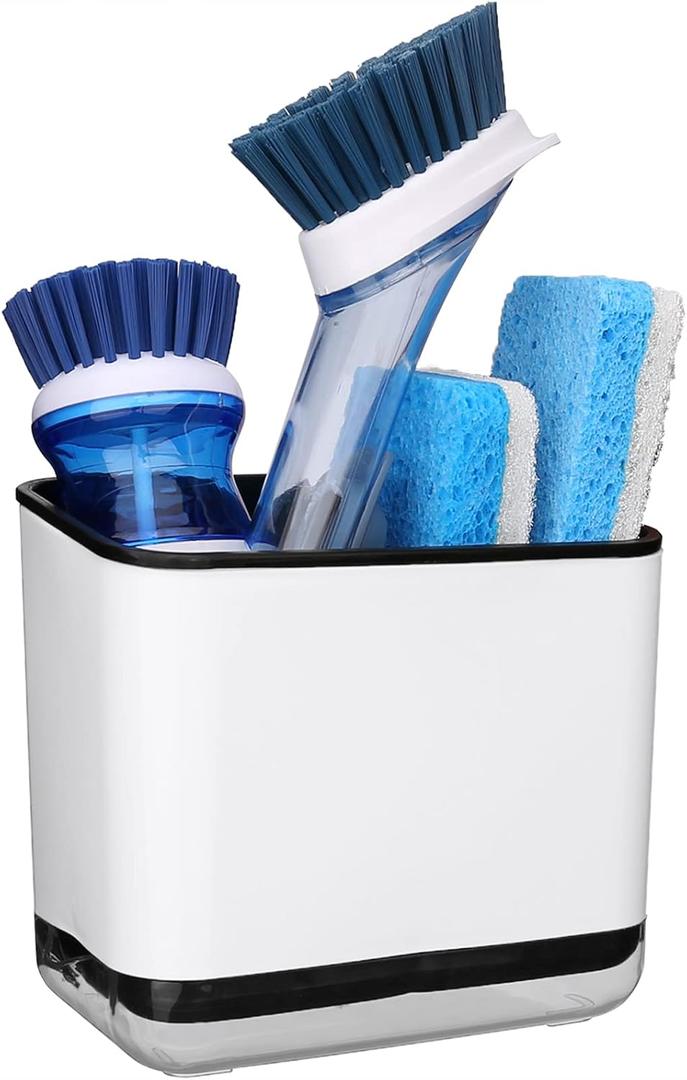 KeFanta Sink Caddy for Countertop, Sponge Holder for Kitchen Sink, Dish Sponge and Brush Holder, Plastic Dish Scrubber Organizer with Drain Pan, Black