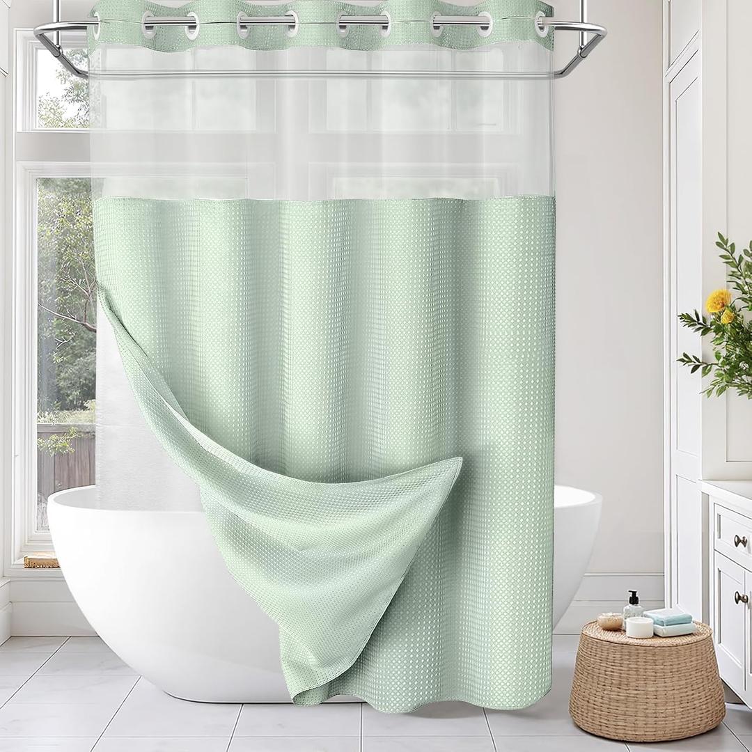 No Hook Shower Curtain and Liner Set,Mint Green Hotel Waffle Shower Curtain for Bathroom 75" L x 72" W