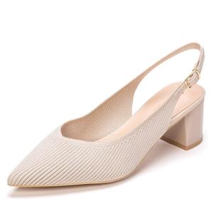 Frank Mully Women's Slingback Heels Pointed Toe Work Pumps Comfortable Chunky Pumps Knitted Closed Toe Stylish Dressy Shoes (9, Beige)