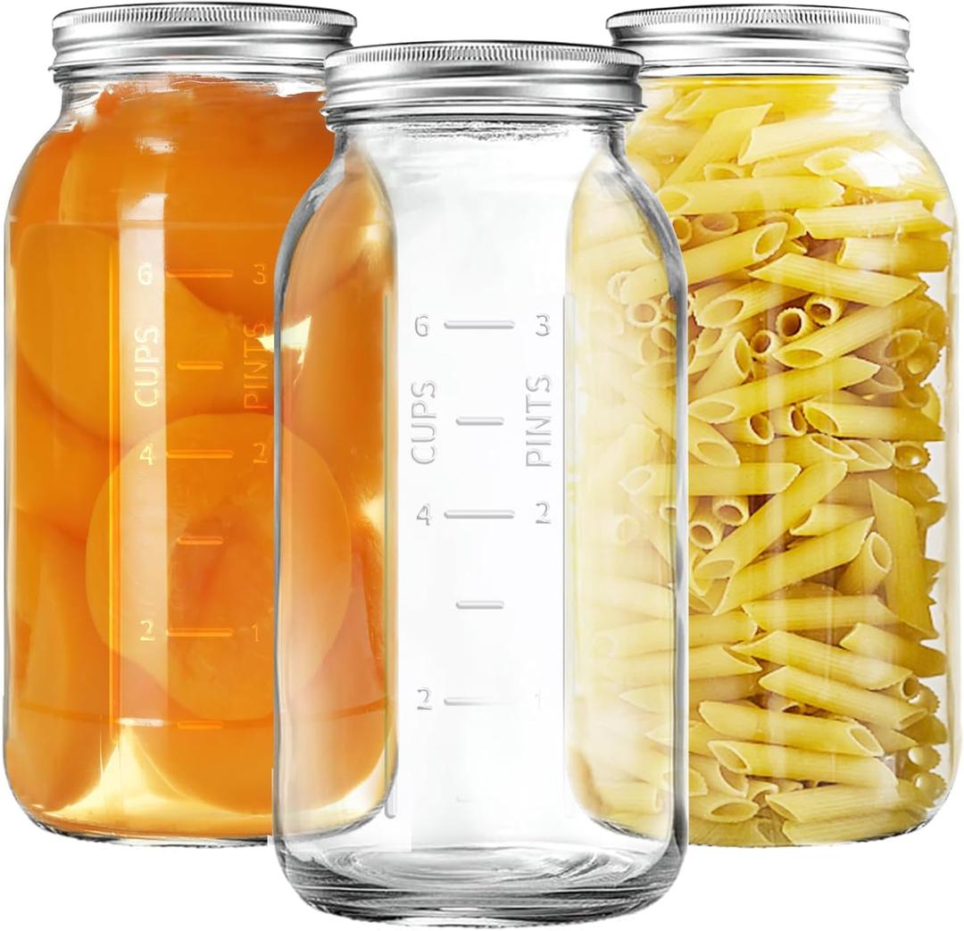 64 OZ Wide Mouth Mason Jars with Lids, Heavy Duty Glass Airtight Storage Canning Jar and Band Half Gallon / 2 Quart, Set of 3