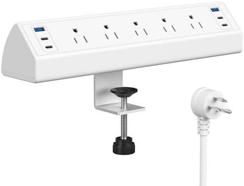 Jgstkcity Desk Clamp Power Strip USB C,40W Total Fast Charging Station,4 PD 20W USB C Ports,Desk Edge Mount Surge Protector,5 Outlets,Fit 1.96" Tabletop Edge,ETL Listed,White
