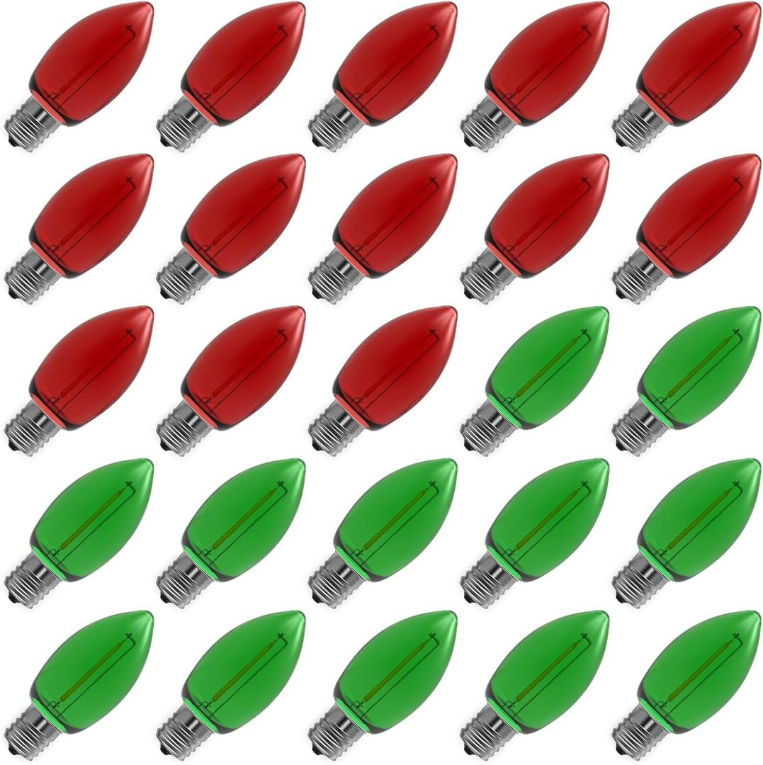 Meconard C9 Led Replacement Christmas Light Bulbs, C9 Shatterproof Led Bulbs for Christmas Indoor Outdoor String Lights, Mini Bulb Intermediate E17 Base Decor Red Light Bulbs Green Light Bulb, 25 Pack