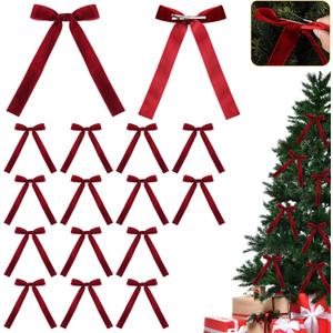 16 Pcs Vintage Christmas Tree Red Bow Ornaments with Clip Burgundy Clip Velvet Bows Ribbon with Easy 5.1x7.1 Inch Pre-Tied Small Ornaments for Xmas Decorations Wreath Gift Indoor Outdoor