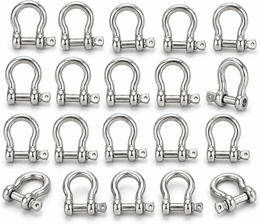 YOUNTHYE 20 PCS M6 Stainless Steel Screw Pin Shackles, 1/4 Inch 304 Stainless Steel Bow Shackle Set, Small Clevis Connectors for Chain, Rope, Anchor Lines, Tie Downs, Trailer and Outdoor Utility Use