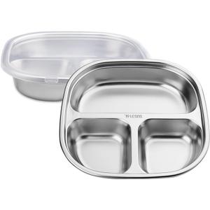 Stainless Steel 3 Compartments Plate with Lid, Metal Divided Plate Tray, Sectioned Plate Dishe Dinnerware for Food Portion Control Lunch Dinner Adult Home School