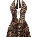 SOLY HUX Women's Leopard Print Halter Dress Y2k Gothic Deep V Cheetah Tie Backless Layered Ruffle Mini Dresses Brown Leopard Large 