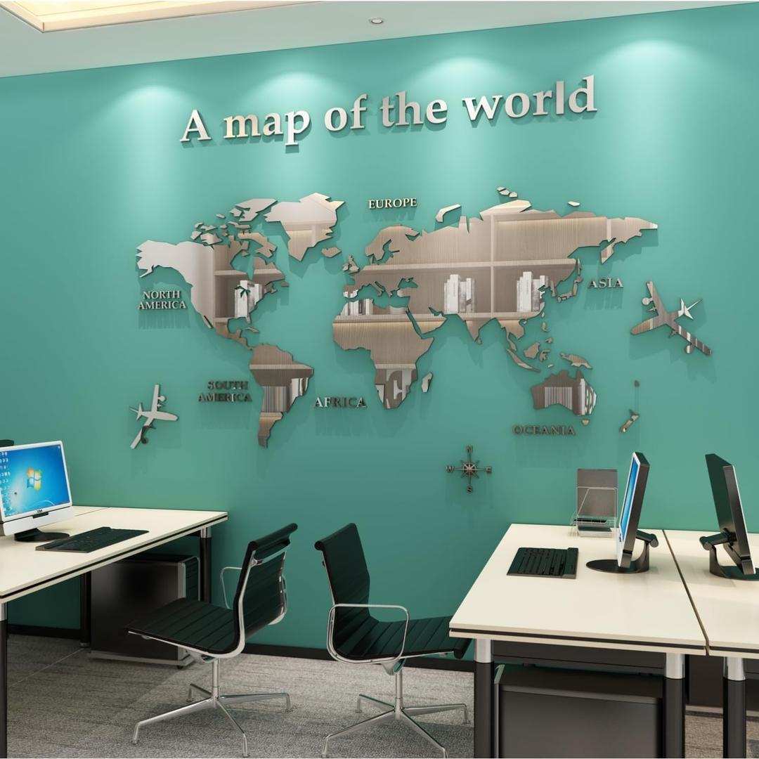 WINDIR 3D World Map Wall Stickers Decor Murals DIY Decal Silver 71x40 inch, Acrylic Office Wall Art Decor Bedroom Living Room TV Wall (Silver: 180x100 cm) Large