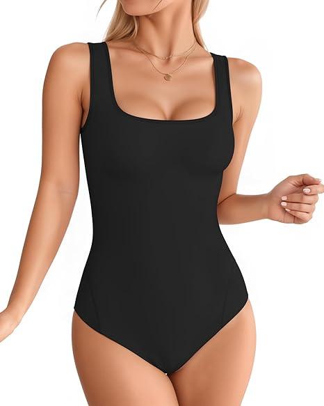 MANGOPOP Double Lined Workout Tank Tops for Women Square Neck Sleeveless Fitted Gym Top Yoga Shirt Thong Sport Bodysuits, S