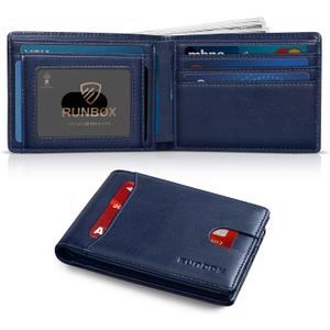 RUNBOX Wallet for Men Slim 11 Credit Card Holder Slots Leather RFID Blocking Small Thin Men's Wallet Bifold Minimalist Front Pocket Large Capacity Gift Box (oil blue)