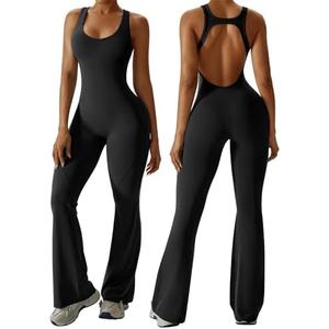 OEAK Womens Flare Jumpsuit with Bra Tummy Control Cutout Romper Workout Outfit Sleeveless Unitard One Piece Backless Bodysuit, size Medium