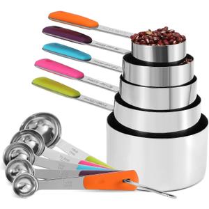 Bopei Measuring Cups and Spoons Set Stainless Steel 10 Piece for Cooking and Baking (5 Cups + 5 Spoons, Colorful Handles)