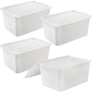 Dicunoy 4 Pack Lidded Storage Bins with Lids, White Stackable Storage Baskets for Shelf, Plastic Pantry Organizer with Handle for Home, RV, Lockers, Classrooms, School, Toys, 11" x 7" x 5"