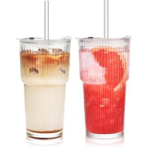 ALINK 20 oz Ribbed Glass Tumbler with Lids and Straws, Ripple Iced Coffee Cups, Thickened Drinking Glasses for Coffee, Smoothies, Cocktail, Juice, Cold Drinks, Pack of 2 - Clear