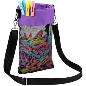 Mesh Clothespin Bag with Hooks Hanging Clothes Pin Bag with Drawstring Closure Clothespin Holder, Ventilation and Moisture Resistance, Storage Organizer, Machine Washable Purple