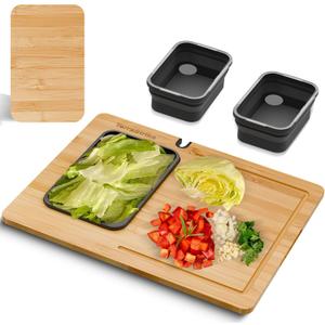 Bamboo Cutting Board Set with Knife Sharpener  Thick Wood Boards with Juice Groove, Silicone Container & Handles Non-Toxic Over Sink Design Ideal Kitchen Gifts