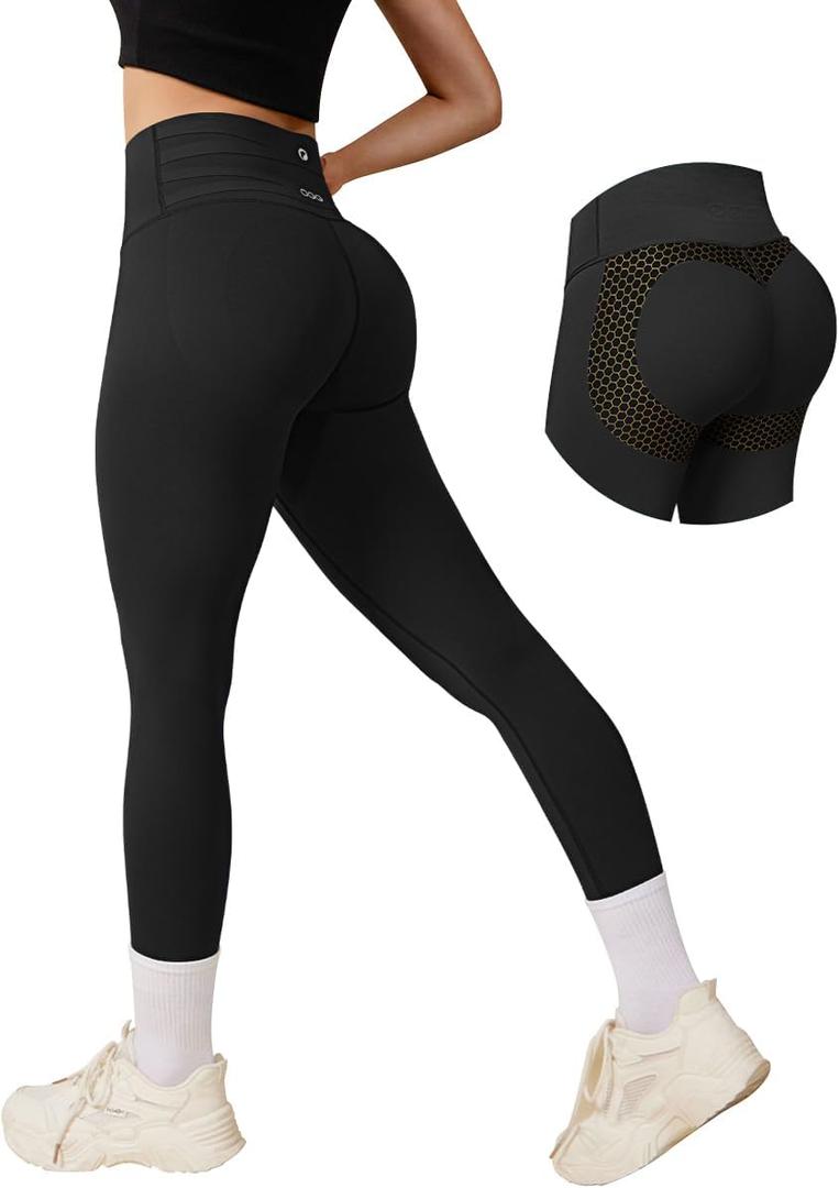 OQQ Women Yoga Leggings High Waisted Tummy Control Butt Lifting Gym Workout No Front Seam Leggings (Large, Black)